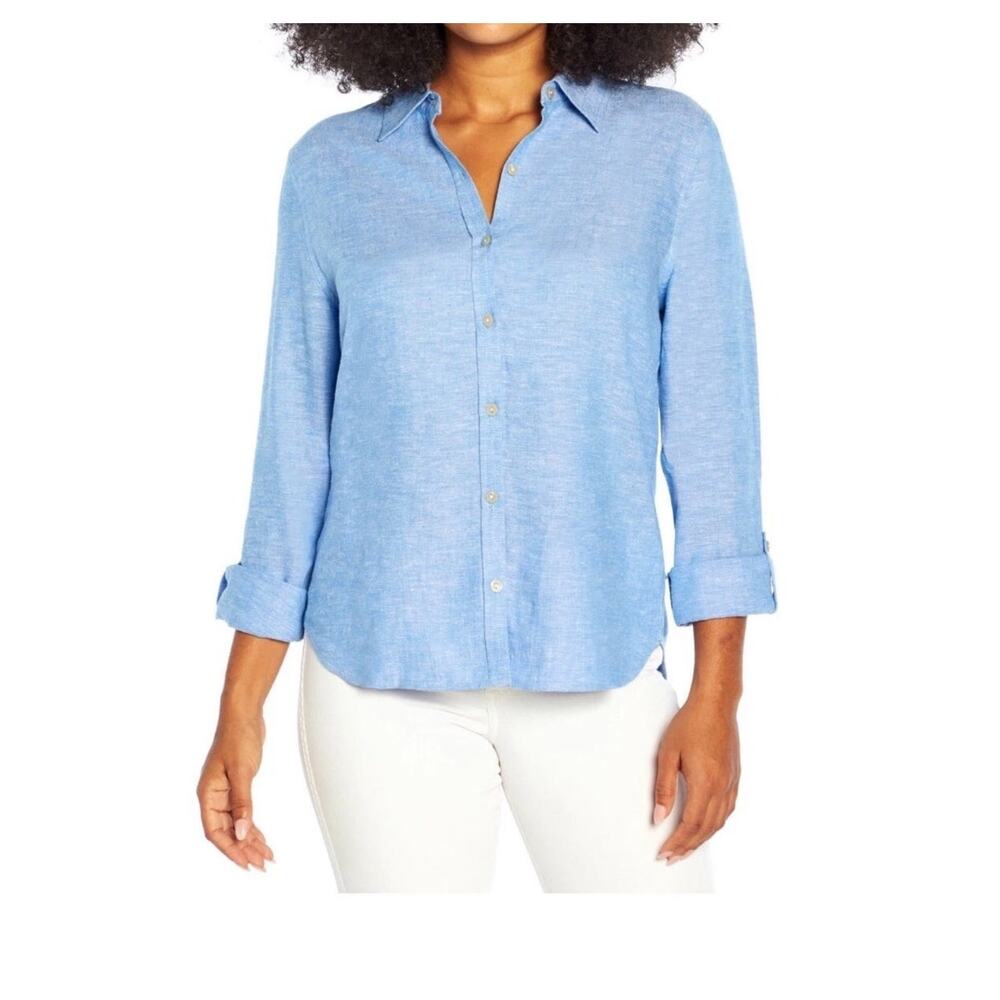 Orvis Women's Blue Linen Blend Button Down Size XL Coastal Beach Preppy Classic